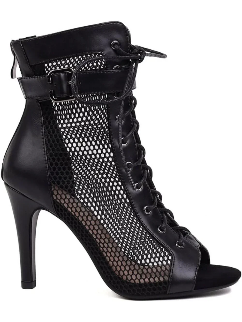 Women's Black Casual Buckle Lace Up Mesh Sandal Peep Toe High Heel Ankle Boot